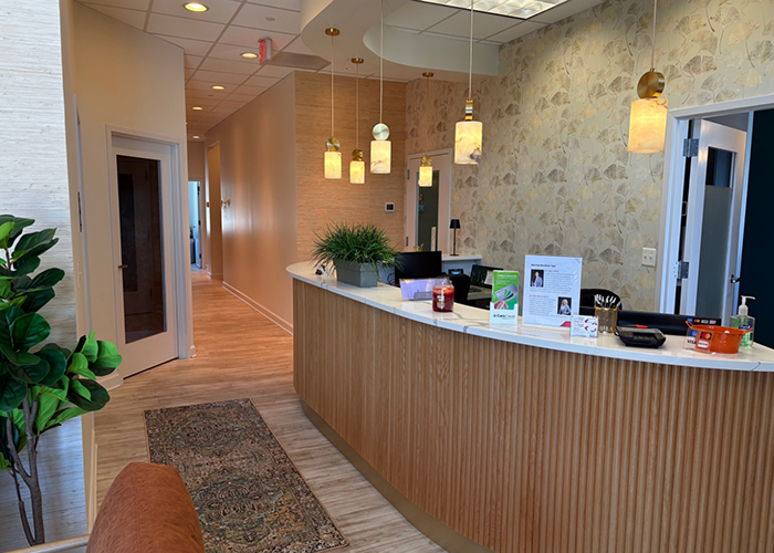 Reception area and front door of dental office